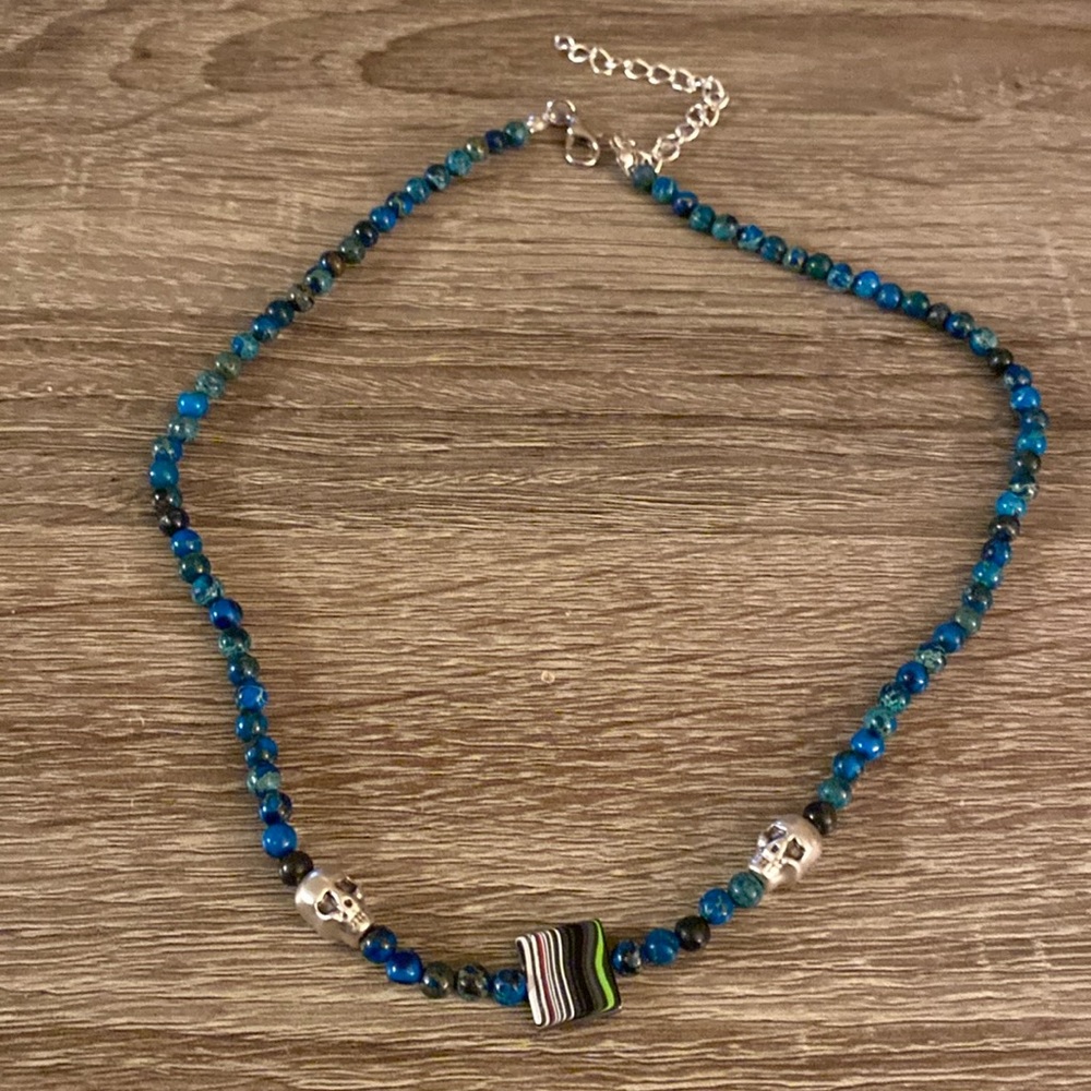 Double sided fordite and jasper beaded skull necklace
